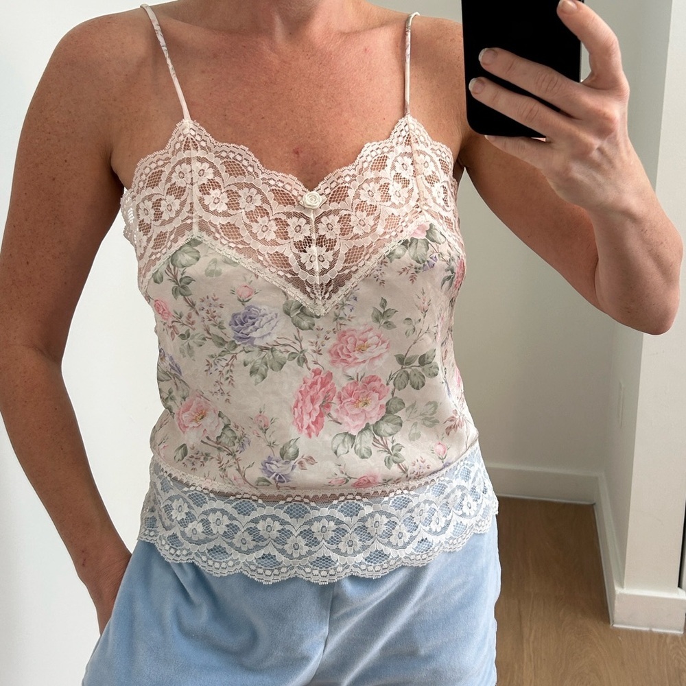 Vintage Deena Floral Lace Trim Satin Camisole Tank Top M